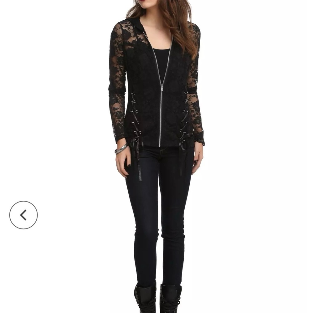 Royal Bones Black Floral Lace Zip Hoodie with Side Lace-Up - Picture 2 of 12